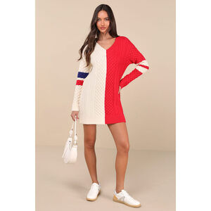Lulus Bold Comfort Ivory And Red Color Block Cable Sweater Mini Dress - Size S